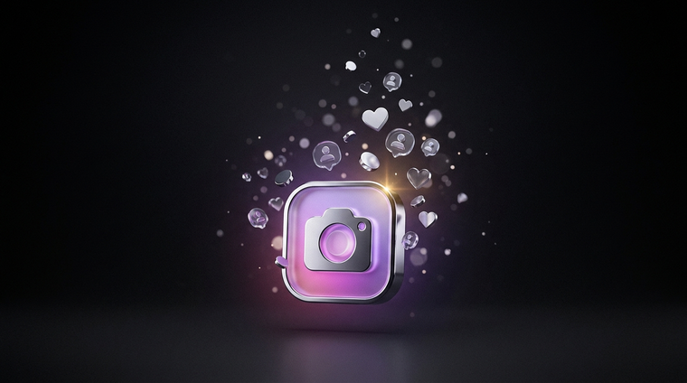 Illustration 3D : gagner des abonnes Instagram gratuitement, croissance organique et particules lumineuses