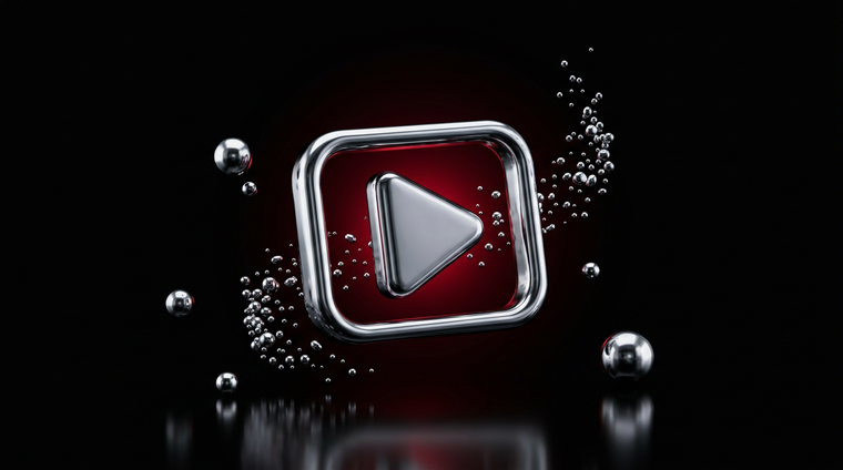 Illustration 3D premium : acheter des vues YouTube, bouton play chrome liquide et orbes sur fond noir à lueur rouge