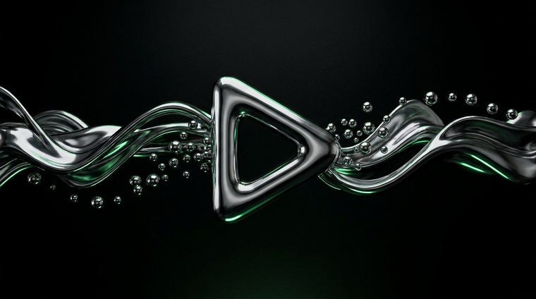 Illustration 3D premium : acheter des écoutes Spotify, bouton play chrome et ondes sonores métalliques sur fond noir