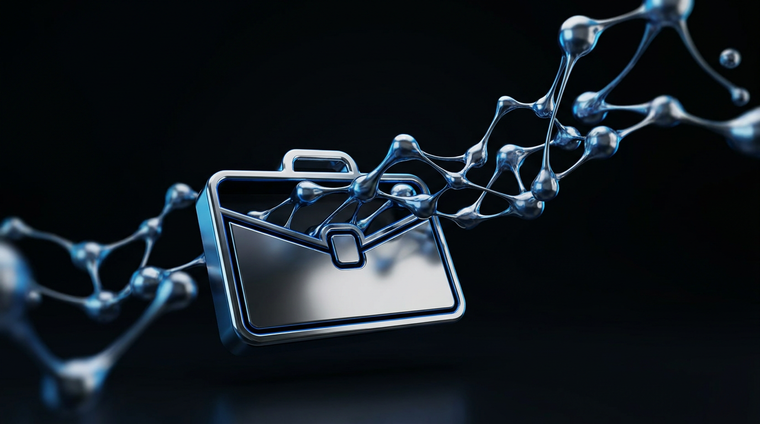 Illustration 3D premium : acheter des abonnés LinkedIn, mallette chrome et réseau de nœuds métalliques sur fond noir