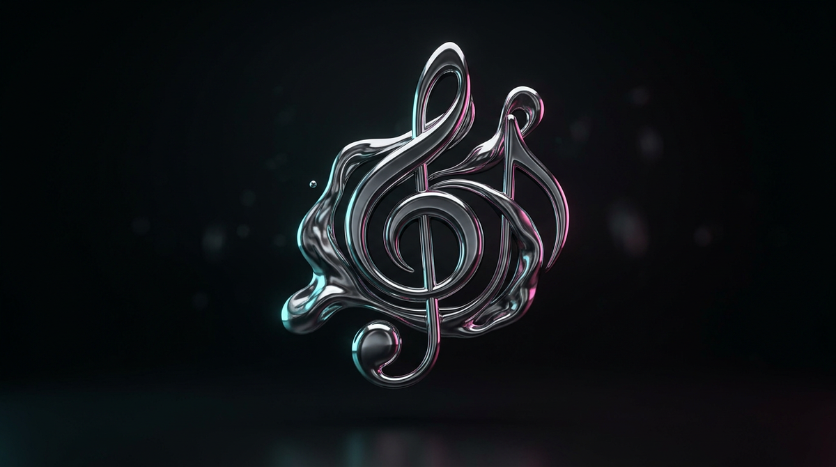 Abonnés TikTok gratuits : sculpture chrome en forme de note de musique sur fond noir