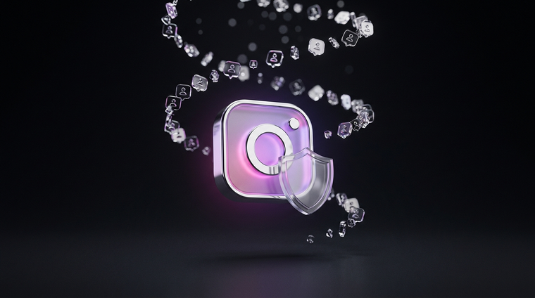 Illustration 3D : acheter des followers Instagram en securite, bouclier de protection et croissance maitrisee