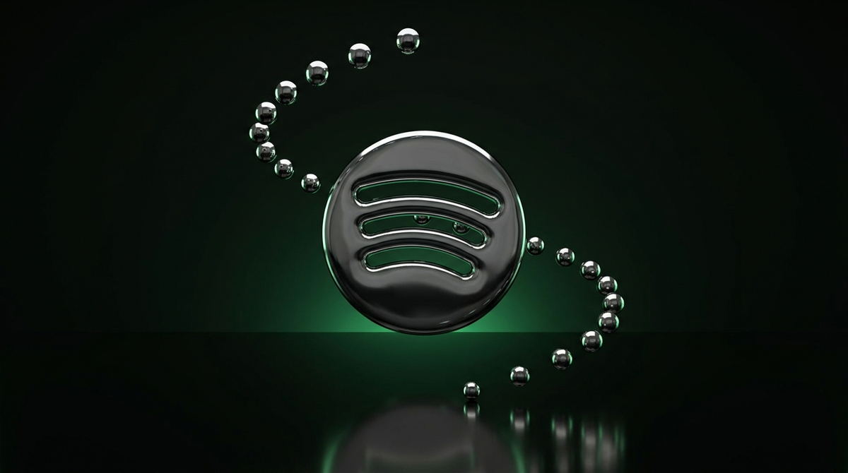 Illustration 3D premium : acheter des followers Spotify, emblème chrome ondes sonores et orbes de croissance sur fond noir