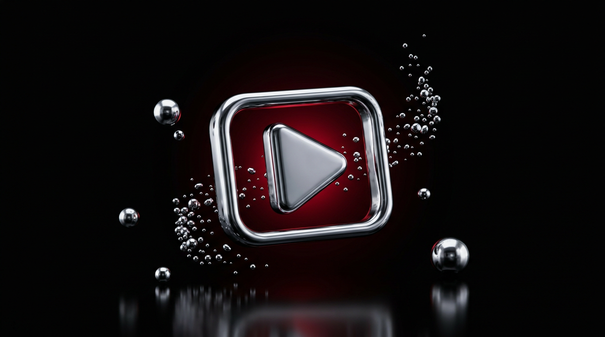Illustration 3D premium : acheter des vues YouTube, bouton play chrome liquide et orbes sur fond noir à lueur rouge