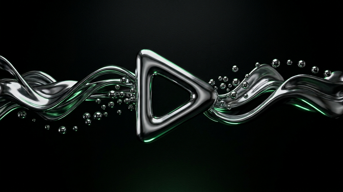 Illustration 3D premium : acheter des écoutes Spotify, bouton play chrome et ondes sonores métalliques sur fond noir