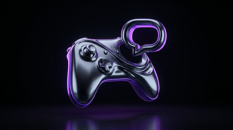 Acheter des followers Twitch : sculpture chrome violette évoquant une manette et une bulle de chat
