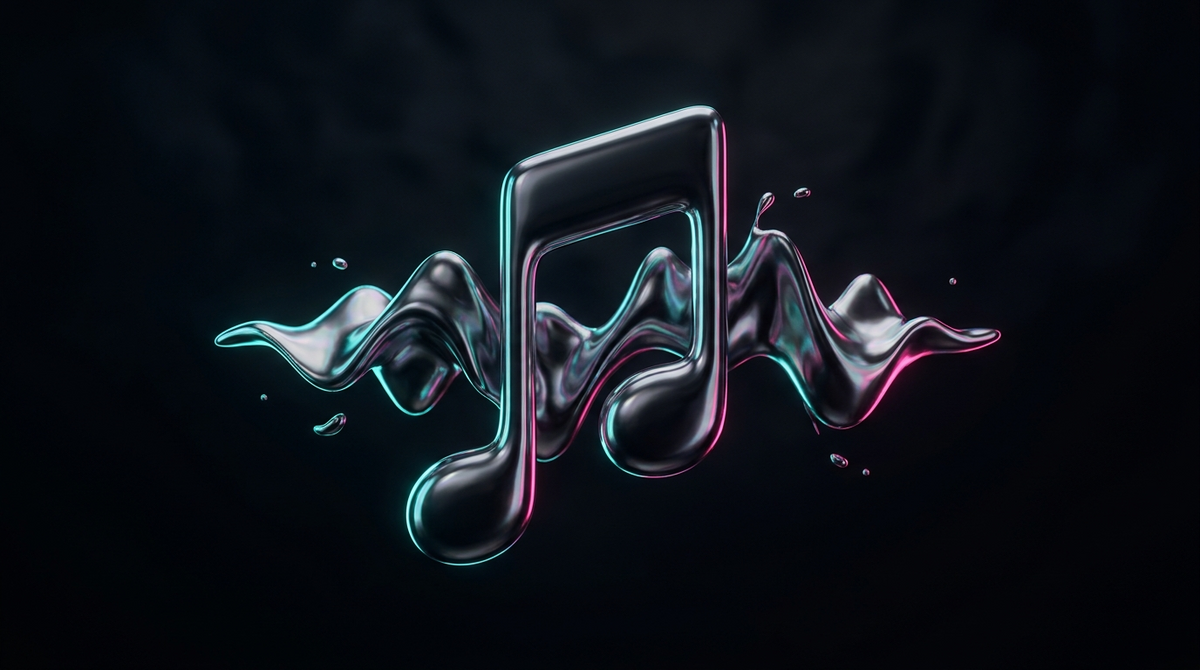 Vues TikTok gratuites : sculpture chrome cyan et magenta évoquant une note de musique et une onde