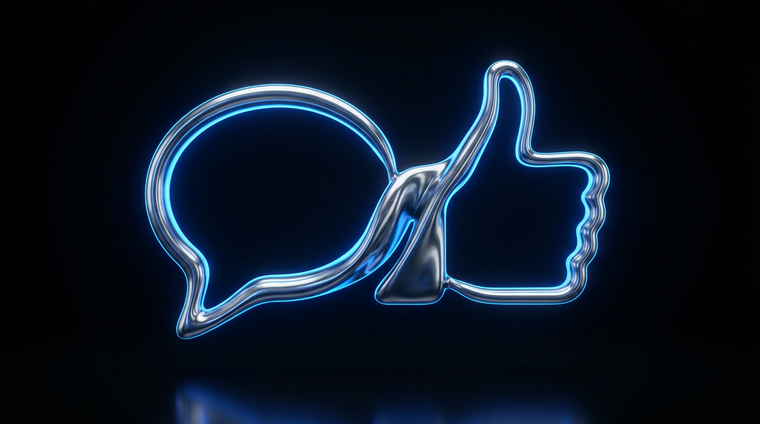Acheter des followers Facebook : sculpture chrome bleue évoquant une bulle de discussion et un pouce levé