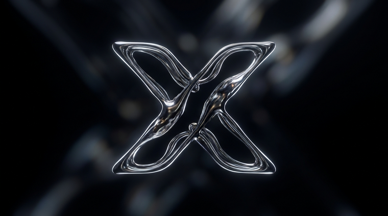 Acheter des followers Twitter : sculpture en chrome évoquant le logo X sur fond noir
