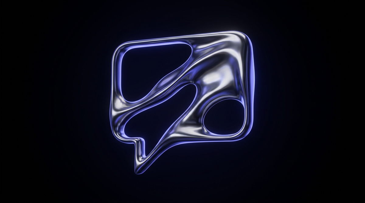 Acheter des membres Discord : sculpture chrome en forme de bulle de discussion sur fond noir