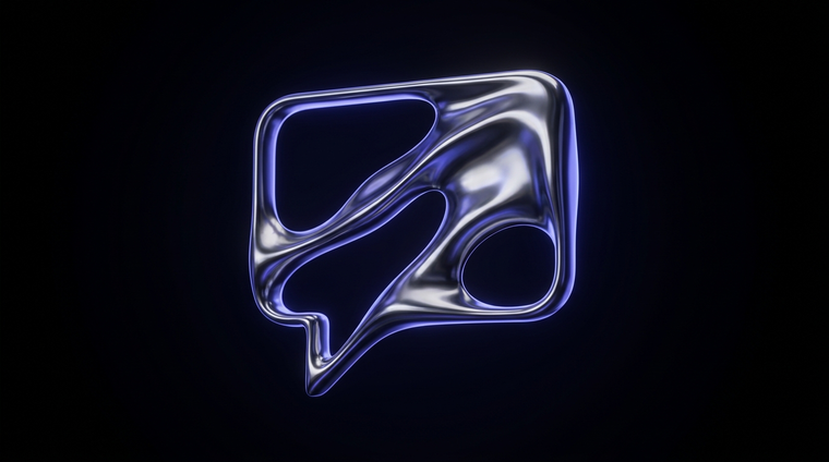 Acheter des membres Discord : sculpture chrome en forme de bulle de discussion sur fond noir