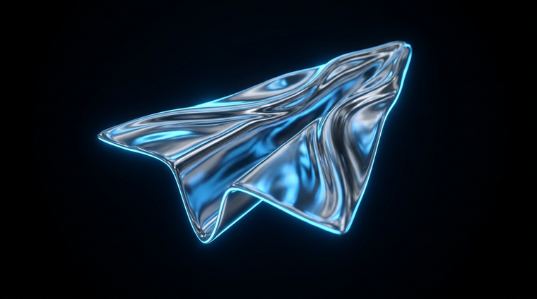 Acheter des réactions Telegram : sculpture chrome en forme d'avion en papier sur fond noir