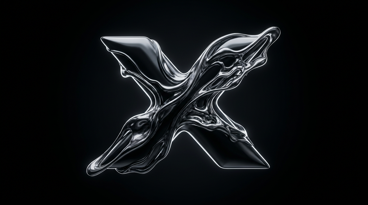 Sculpture chrome évoquant le logo X sur fond noir, illustration pour acheter des likes Twitter